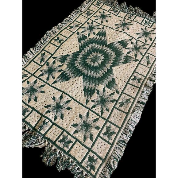 Green White Rug Scatter Dhurrie Star Quilt Pattern Amish Country Look 22"x38" - Picture 8 of 12
